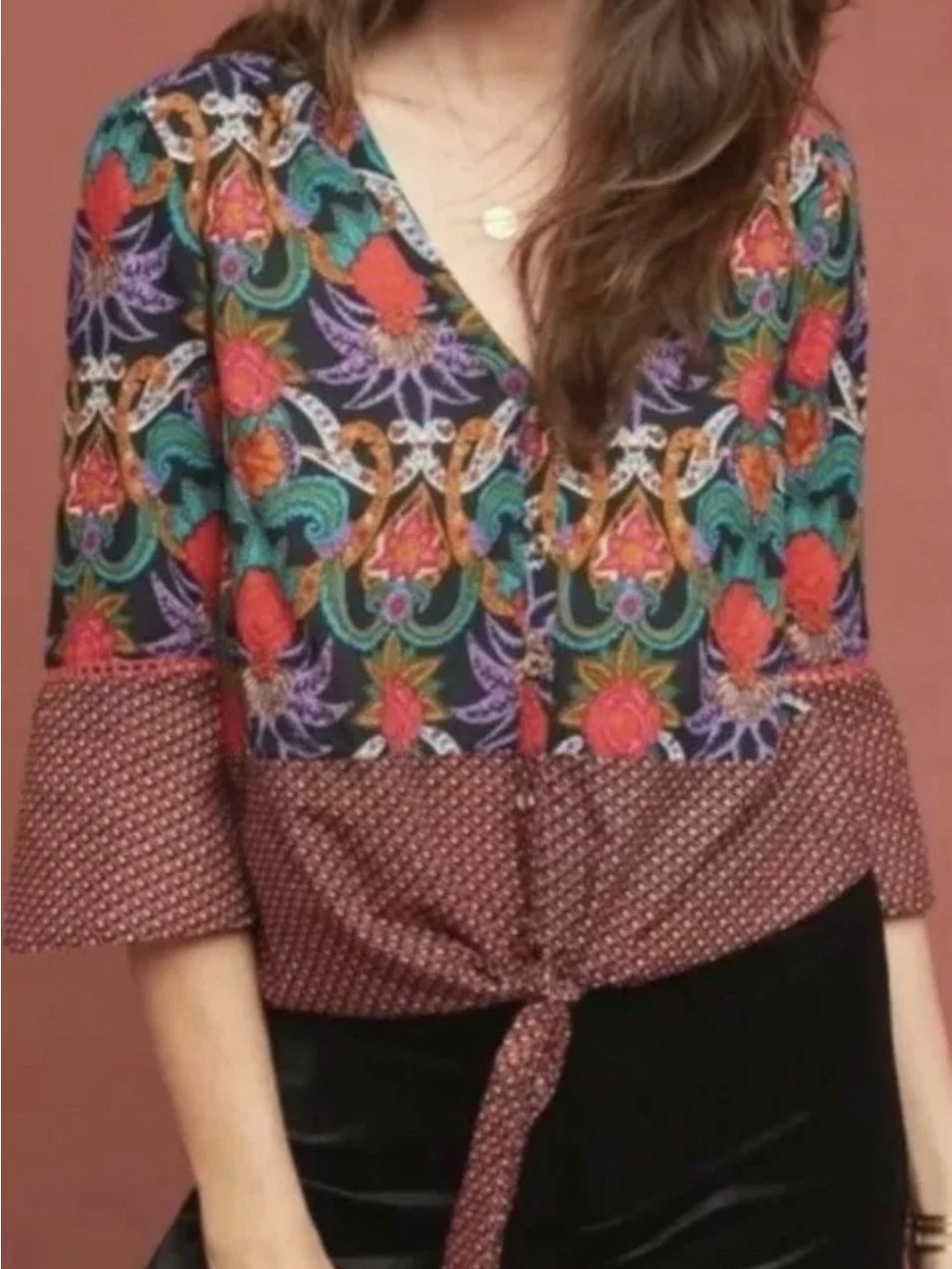 Maeve by Anthropologie Carter Floral Tie Front Button Top Boho Blouse Size 0